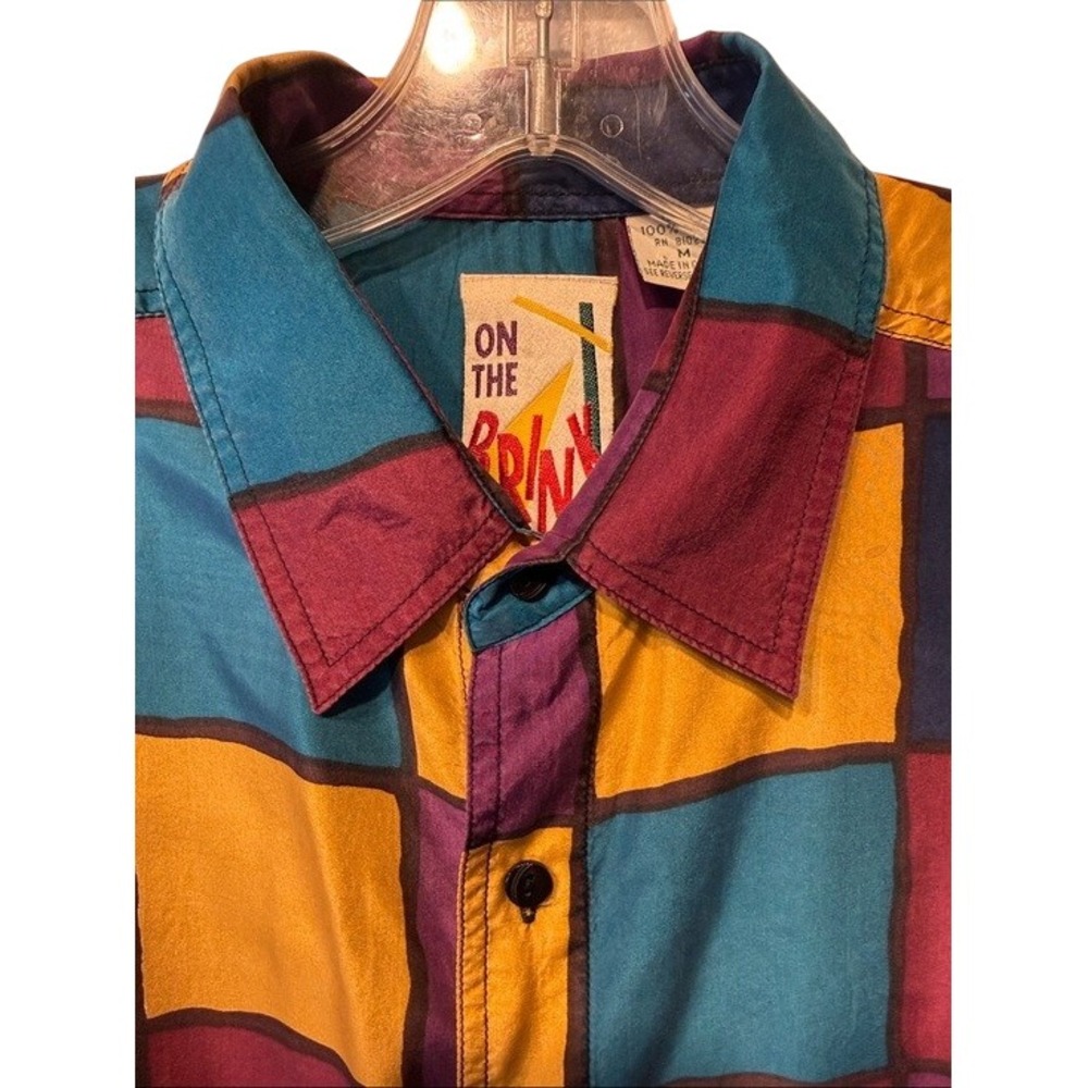On The Brink Silk Button Down Shirt Multicolor Color Block Funky Vintage 90s Med - Picture 4 of 7